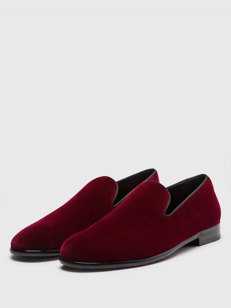 Herre Røde Fløyels Tøfler Loafers Prom Bryllup Sko Rund Toe Slip On