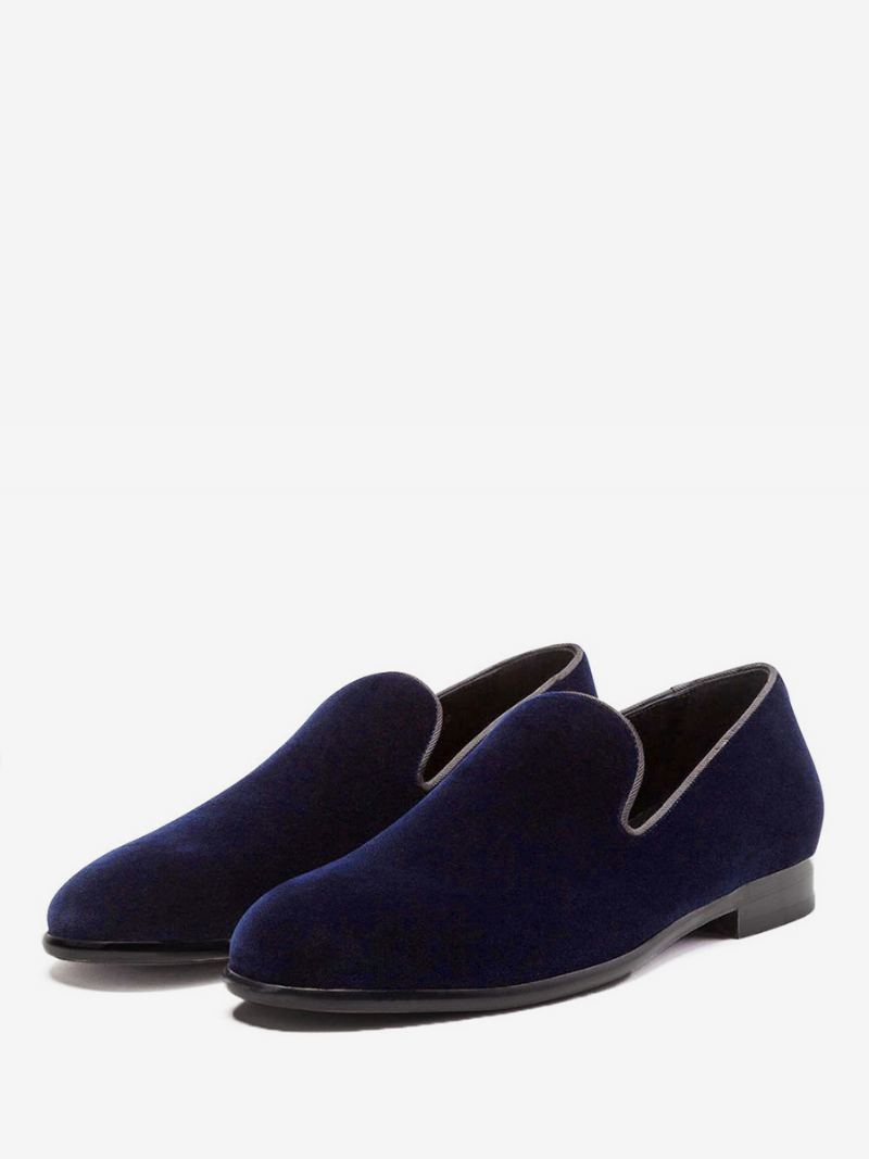 Herre Røde Fløyels Tøfler Loafers Prom Bryllup Sko Rund Toe Slip On - Deep Blue