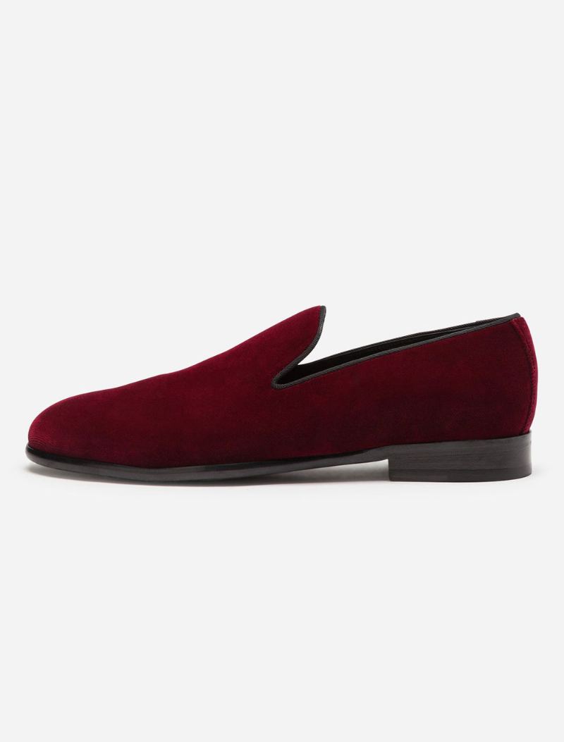 Herre Røde Fløyels Tøfler Loafers Prom Bryllup Sko Rund Toe Slip On - Burgunder