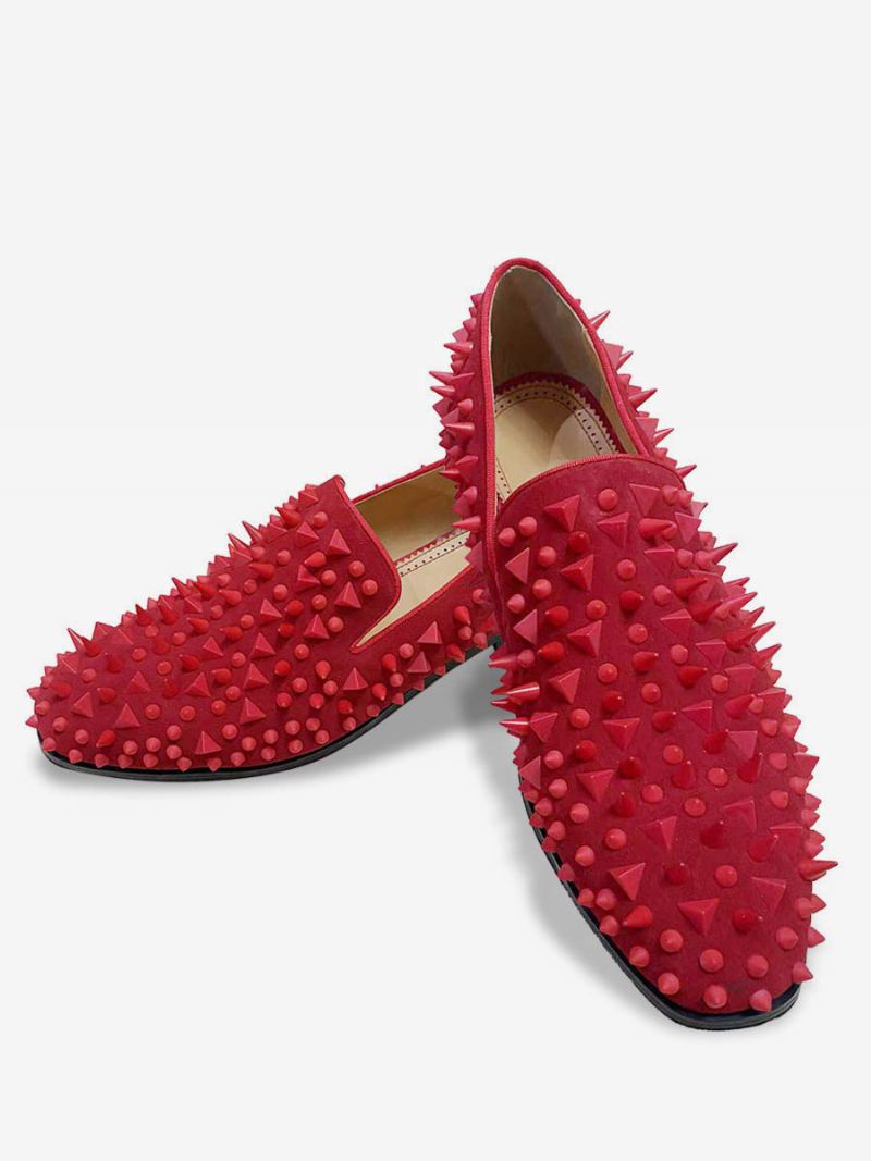 Herre Svart Skinnende Nagler Glitter Håndlagde Spike Loafers Slip-on Rund Toe Ball Party Bryllupssko - Rød