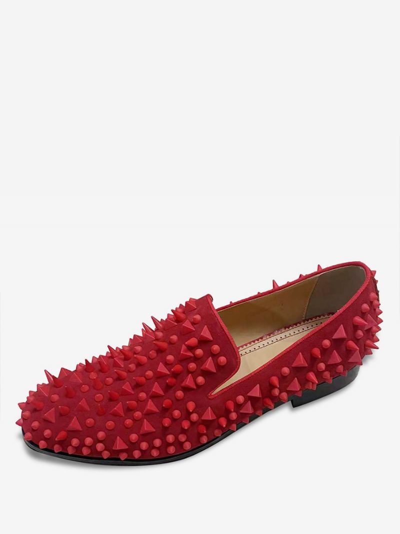 Herre Svart Skinnende Nagler Glitter Håndlagde Spike Loafers Slip-on Rund Toe Ball Party Bryllupssko - Rød