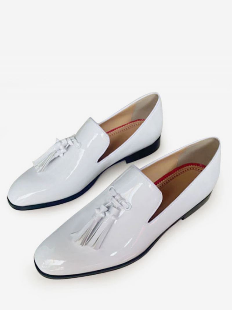 Kjole Loafers For Menn Slip-on Dusk Patent Skinn Firkantet Toe Ball Party Bryllupssko - Hvit