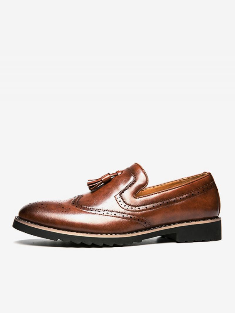 Loafer Sko For Menn Slip-on Pom Poms Rund Tå Pu-skinn - Kaffe Brun