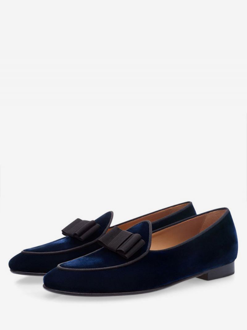 Menn Party Sko Fløyel Rund Toe Bue Slip On Loafers Deep Blue Prom