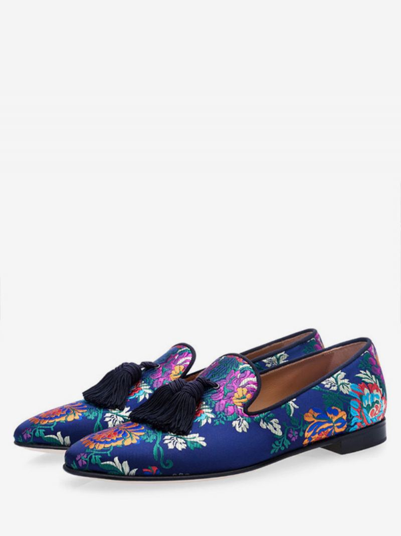 Menns Blå Sateng Blomsterbroderte Prom Loafers Sko Med Dusk