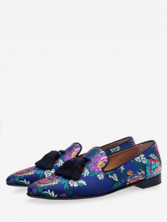 Menns Blå Sateng Blomsterbroderte Prom Loafers Sko Med Dusk