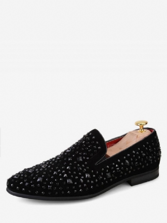 Menns Herre Svarte Loafers Pigg Rhinestones Slip On Dress Prom Bryllupssko