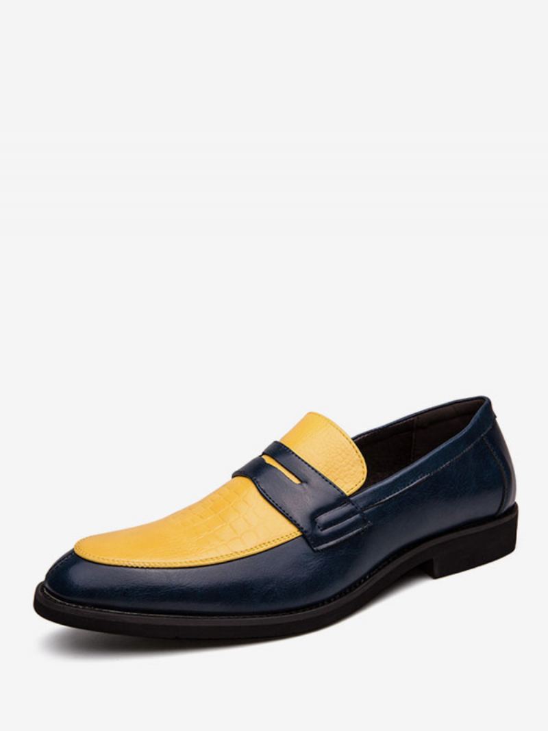 Penny Loafers For Menn Blå Rund Tå Slip-on Dress Groom Sko - Gul