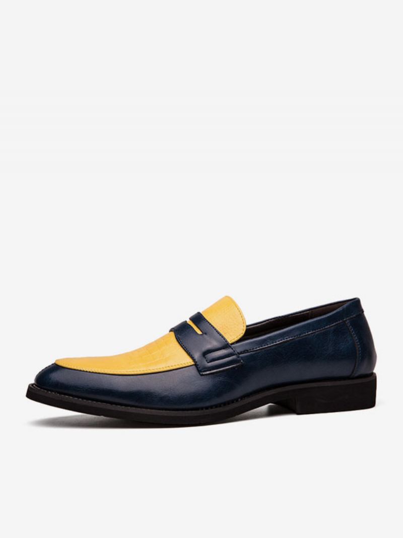 Penny Loafers For Menn Blå Rund Tå Slip-on Dress Groom Sko - Gul