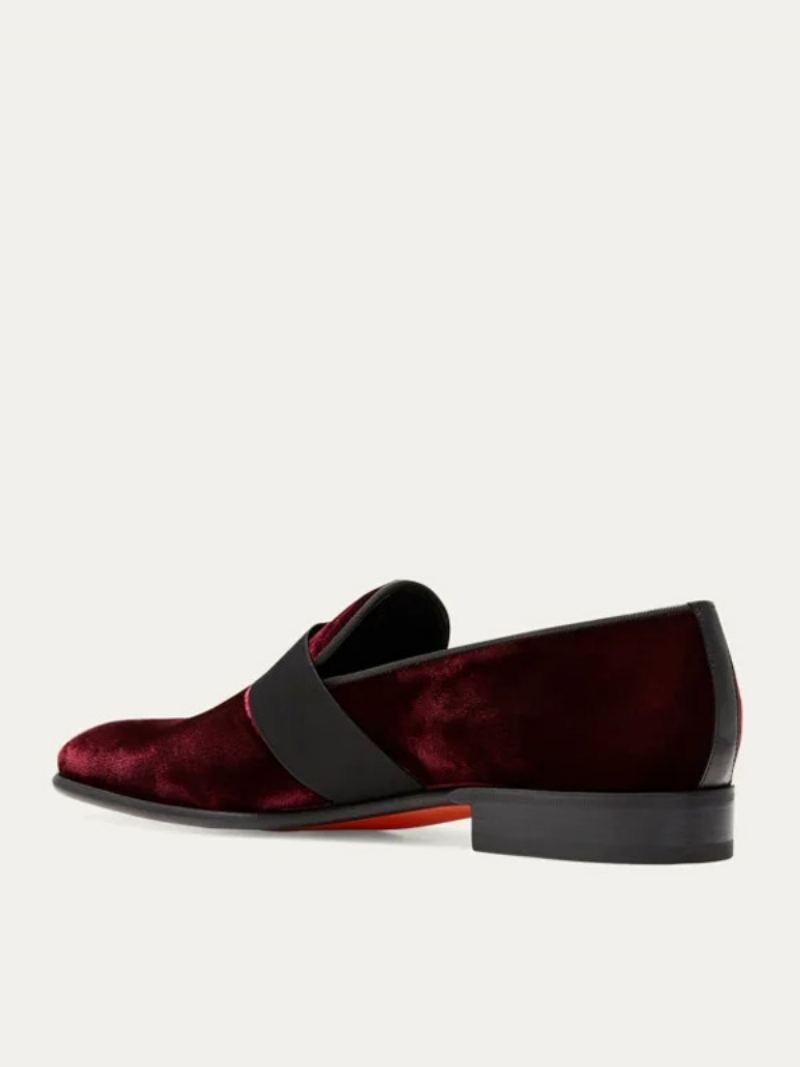 Rund Tå Semsket Skinn For Menn Slip On Grosgrain Stropp Over Vamp Prom Party Bryllup Loafers - Burgunder