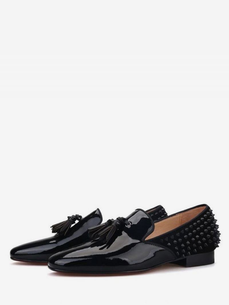 Svarte Loafers For Menn Patent Pu-skinnkjole Slip On Med Rygg Spikes Black Prom Party Bryllupssko