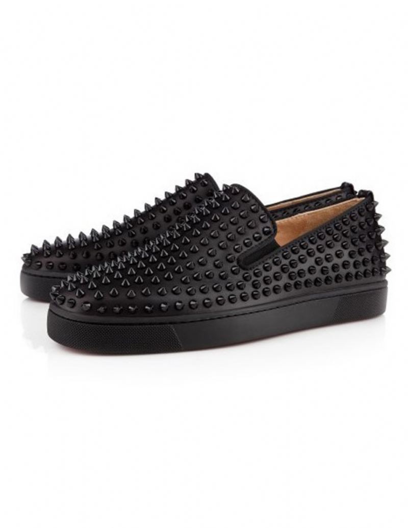 Svarte Spikes Rund Toe Slip On Sneakers For Menn - Svart