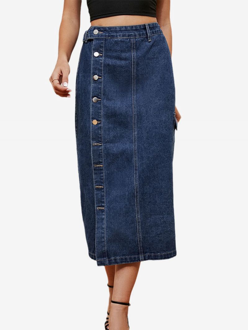 Denim Helskjørt For Kvinner Med Høy Midje Knappeflue Asymmetrisk Bunn - Blå