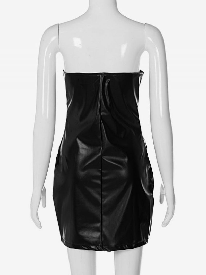 Bursdag Bodycon Kjole For Dame Stroppløs Cut Out Pu Skinn Sexy Club Dress - Svart