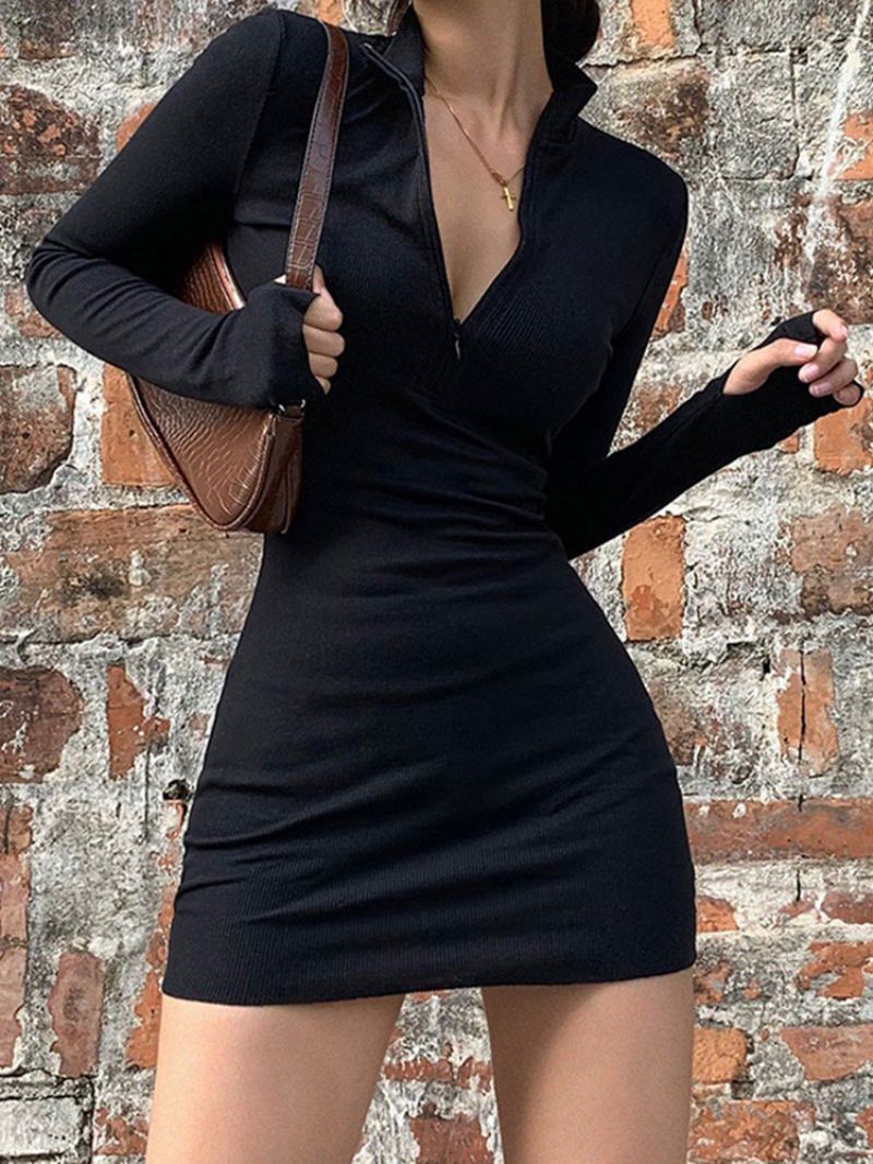 Bursdag Kvinner Fest Wrap Dress Sort Langermet V-hals Kort Bodycon Semi Formal Dresses - Svart