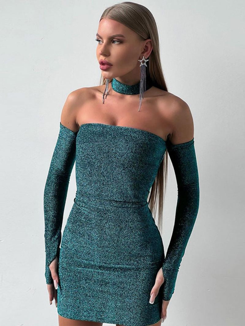 Dame Glitter Bodycon Kjoler Langermet Cold Shoulder Bursdagsfest Minikjoler - Grønn