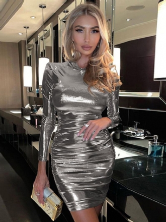 Dame Metallic Farge Bodycon Kjole Polstret Skulder Plisserte Kjoler