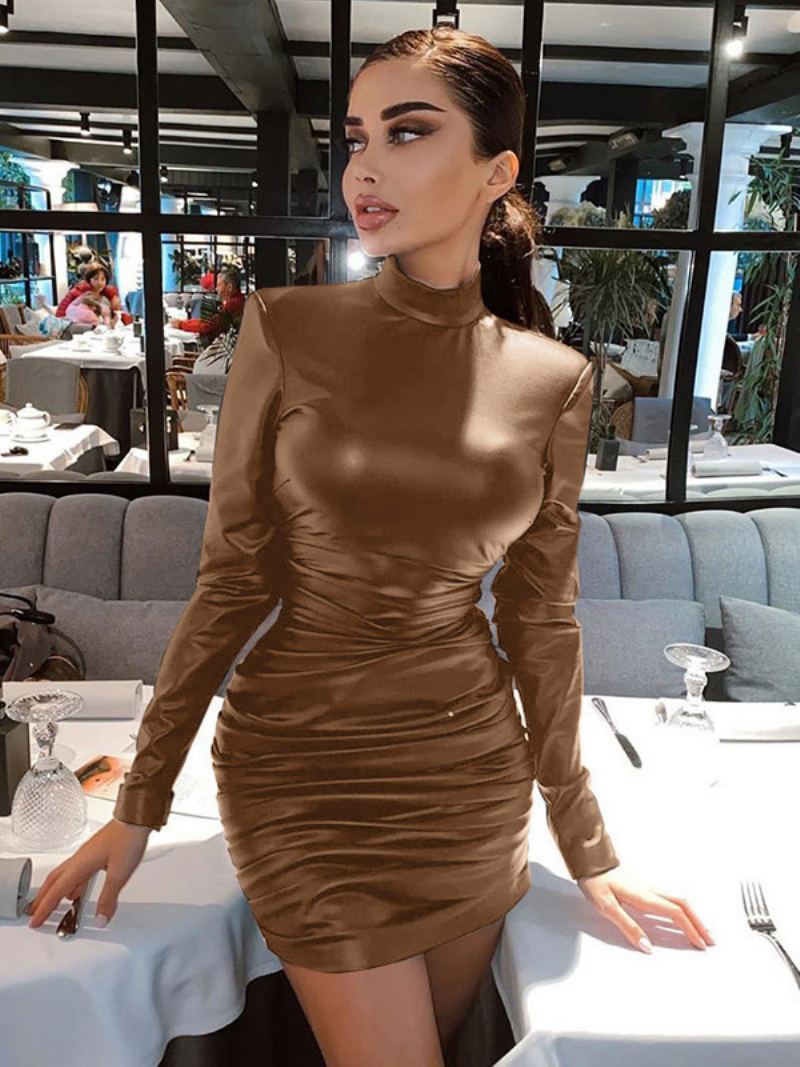 Dame Metallic Farge Bodycon Kjole Polstret Skulder Plisserte Kjoler - Kaffe Brun