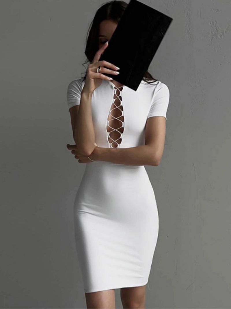 Kvinners Bodycon Kjoler Hvit Jewel Neck Snøring Sexy Kortermet Pencil Dress