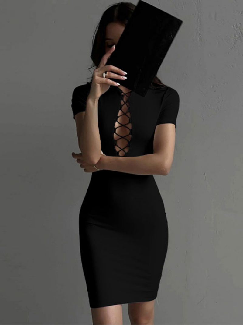 Kvinners Bodycon Kjoler Hvit Jewel Neck Snøring Sexy Kortermet Pencil Dress - Svart