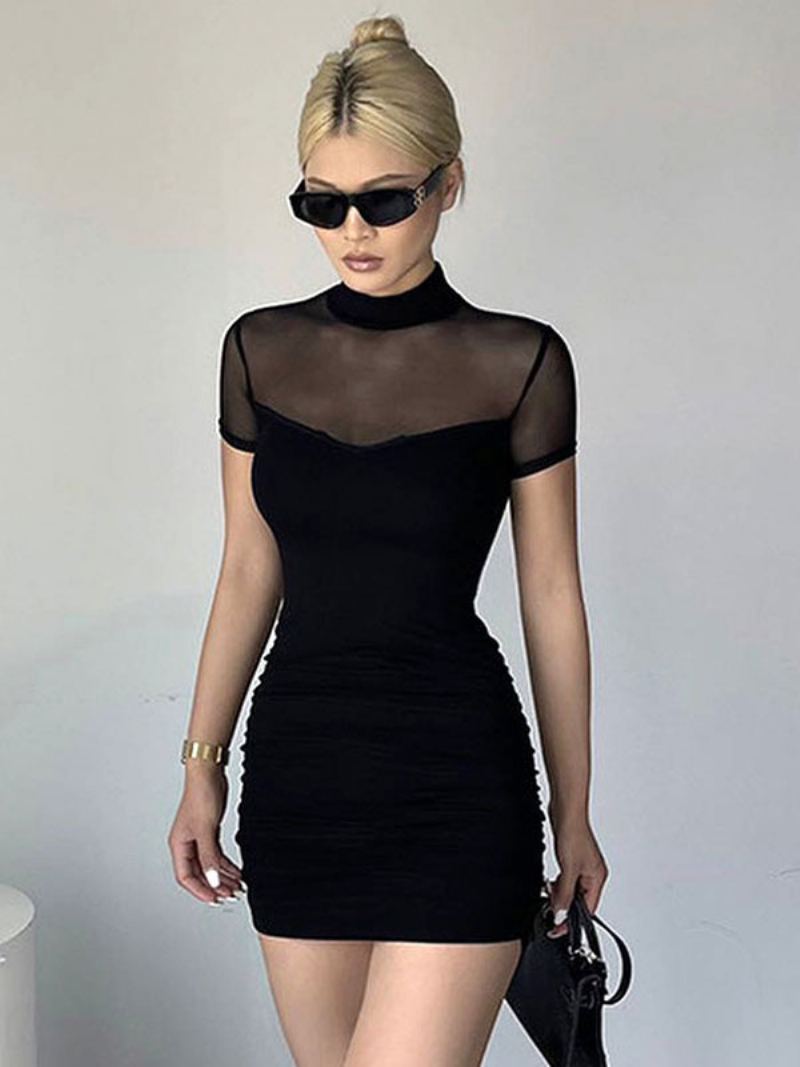 Kvinners Bodycon-kjoler Svart Korte Ermer Sexy Høy Krage Sheer Sheath-kjole