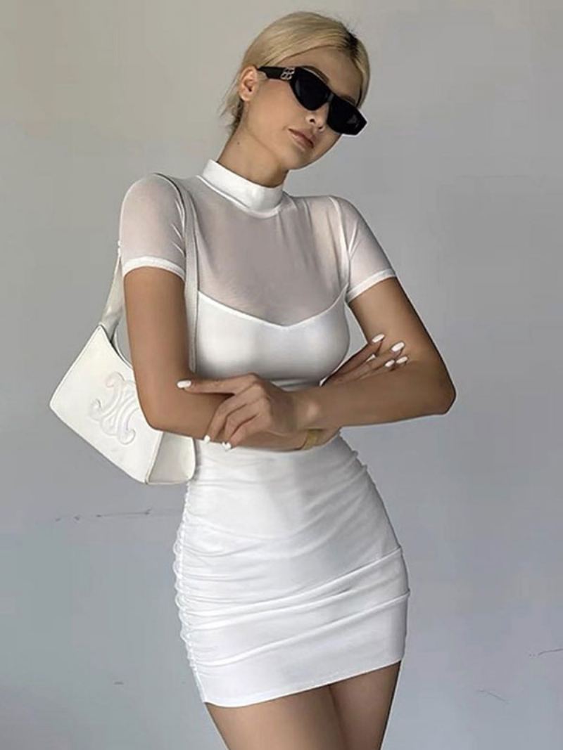 Kvinners Bodycon-kjoler Svart Korte Ermer Sexy Høy Krage Sheer Sheath-kjole - Hvit