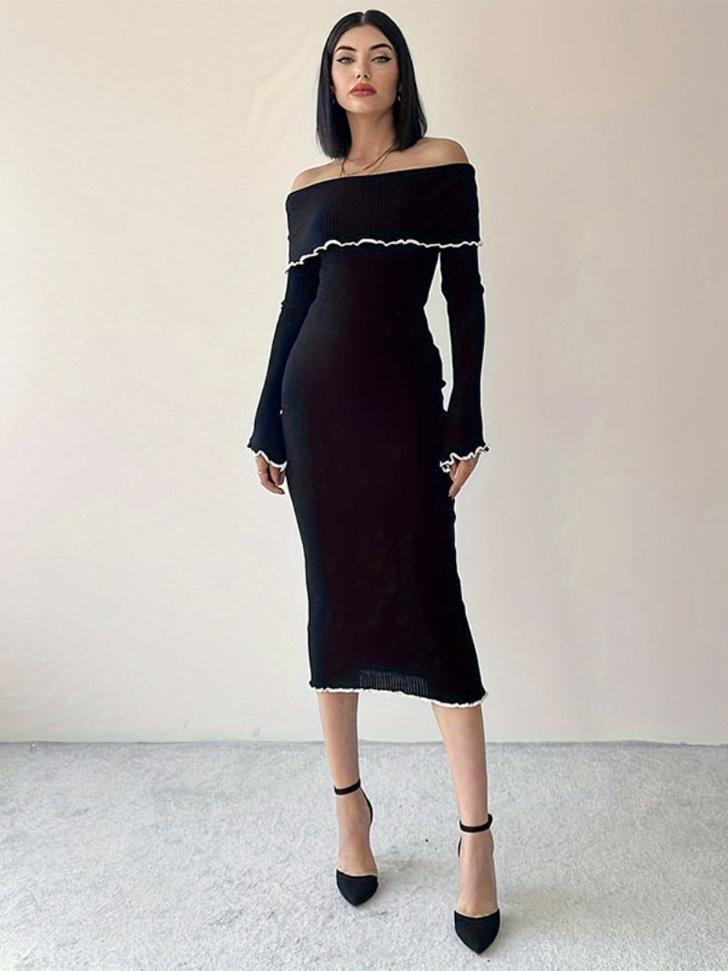 Kvinners Foldover Bodycon-kjole Kontrast Off The Shoulder Midi-kjoler