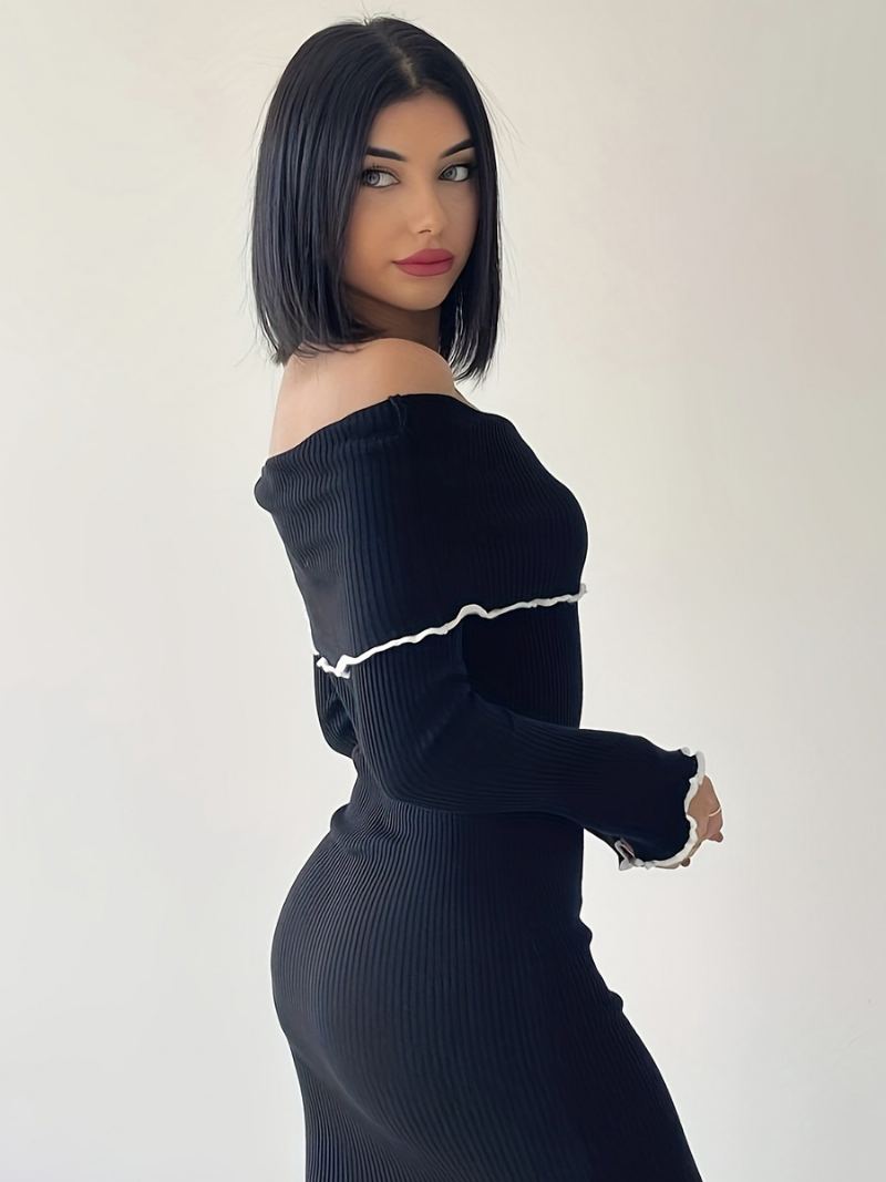 Kvinners Foldover Bodycon-kjole Kontrast Off The Shoulder Midi-kjoler - Svart