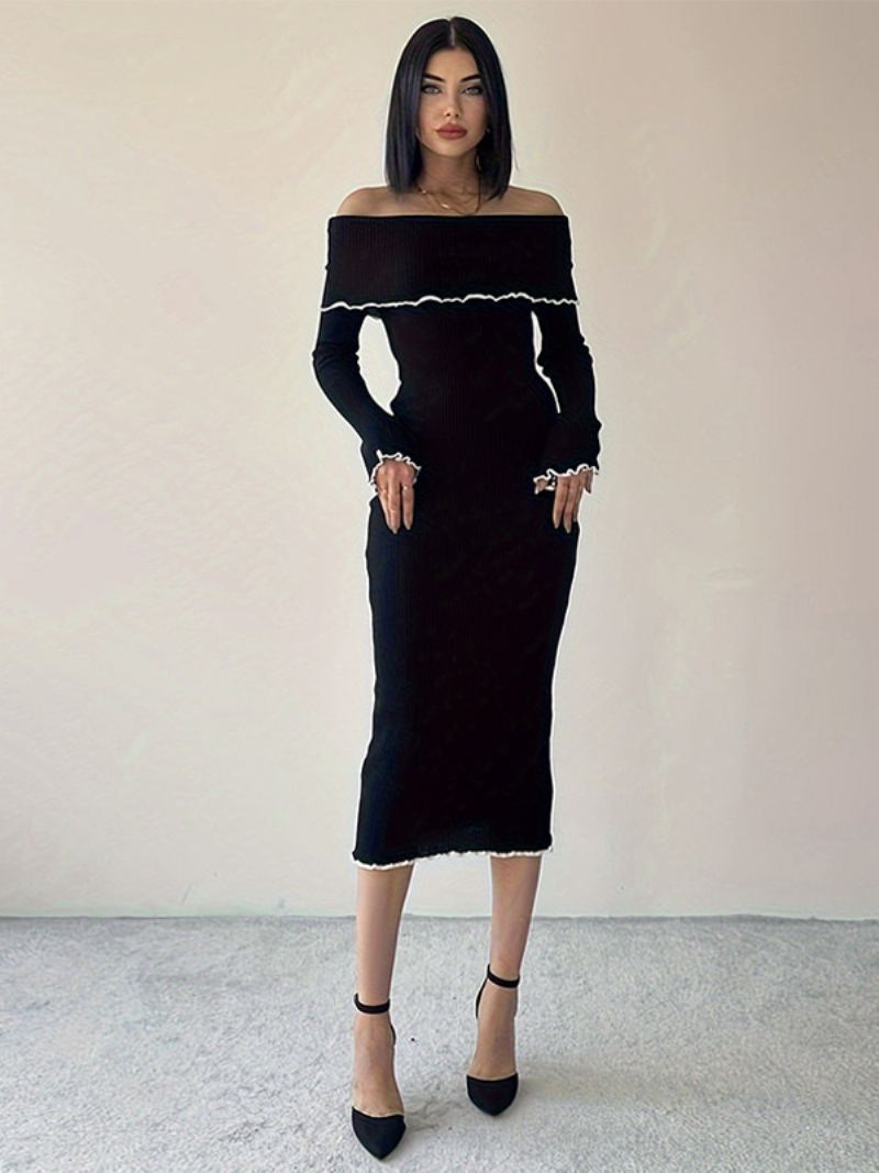 Kvinners Foldover Bodycon-kjole Kontrast Off The Shoulder Midi-kjoler - Svart