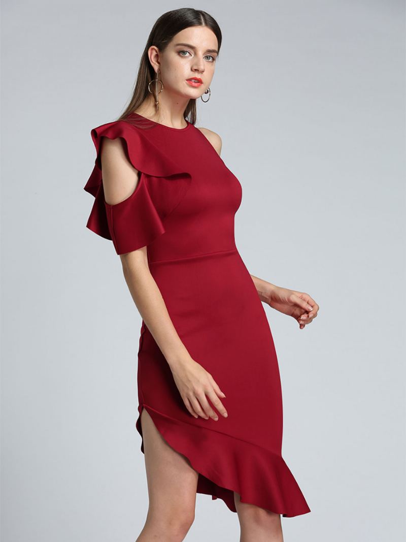 Kvinners Svarte Bodycon-kjoler Asymmetrisk Ruffles Elegant Kort Blyantkjole - Rød