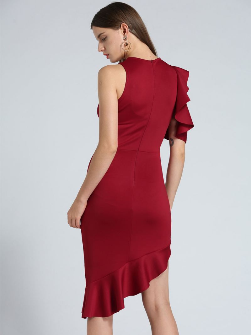 Kvinners Svarte Bodycon-kjoler Asymmetrisk Ruffles Elegant Kort Blyantkjole - Rød