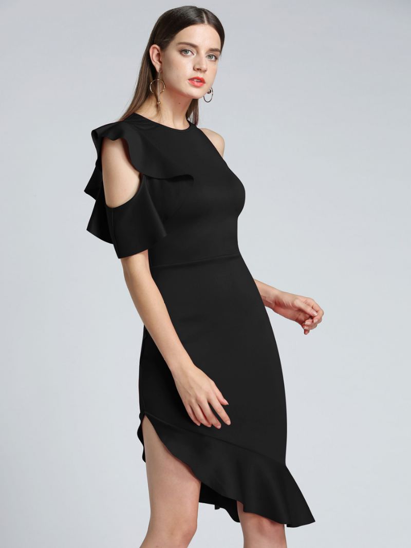 Kvinners Svarte Bodycon-kjoler Asymmetrisk Ruffles Elegant Kort Blyantkjole - Sort