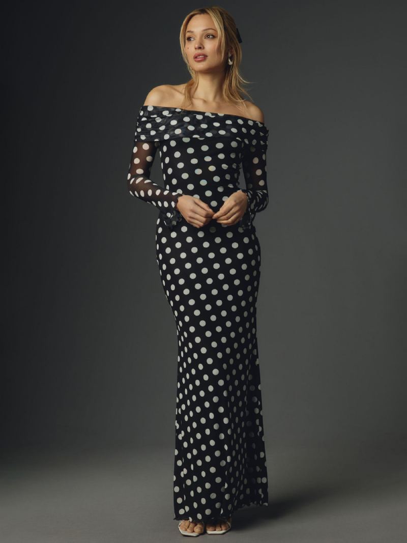 Polka Dot Lang Kjole Off-the-shoulder Lange Ermer Elegant Sommer Maxi For Kvinner