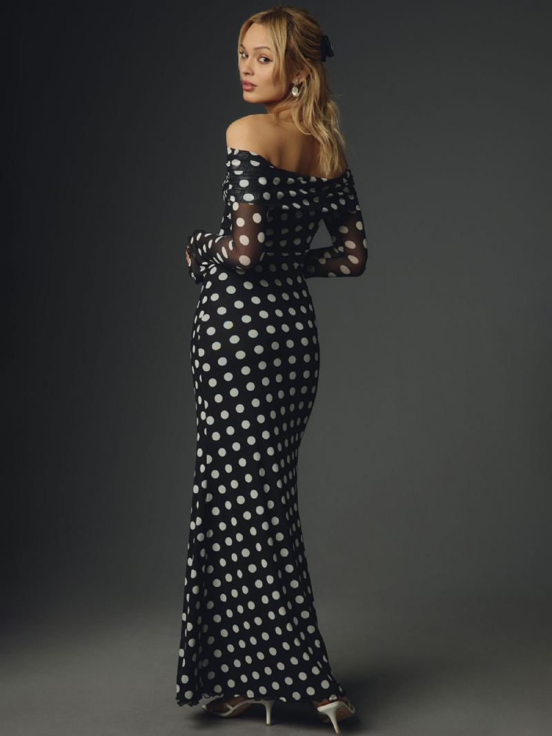 Polka Dot Lang Kjole Off-the-shoulder Lange Ermer Elegant Sommer Maxi For Kvinner - Svart