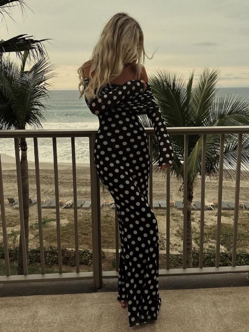 Polka Dot Lang Kjole Off-the-shoulder Lange Ermer Elegant Sommer Maxi For Kvinner - Svart