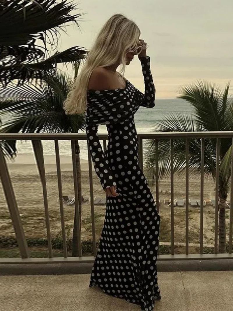 Polka Dot Lang Kjole Off-the-shoulder Lange Ermer Elegant Sommer Maxi For Kvinner - Svart