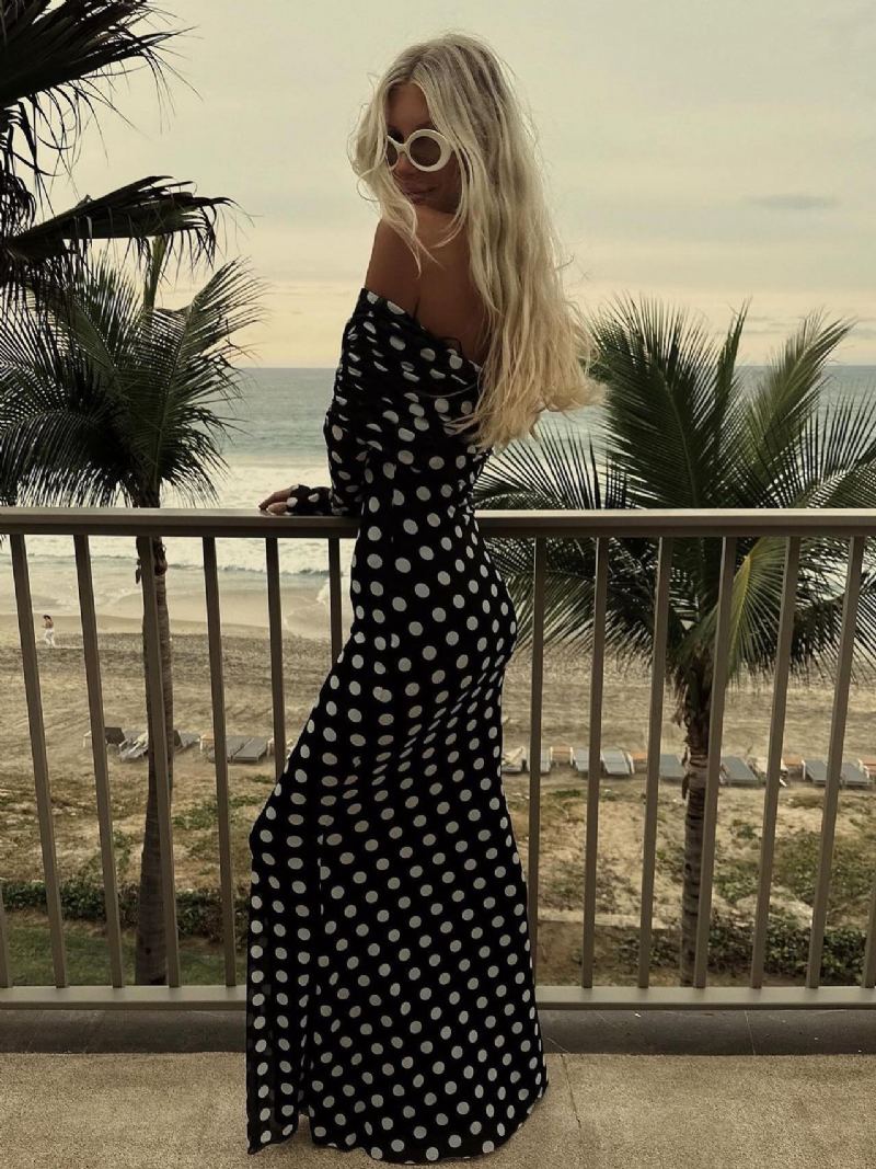 Polka Dot Lang Kjole Off-the-shoulder Lange Ermer Elegant Sommer Maxi For Kvinner - Svart