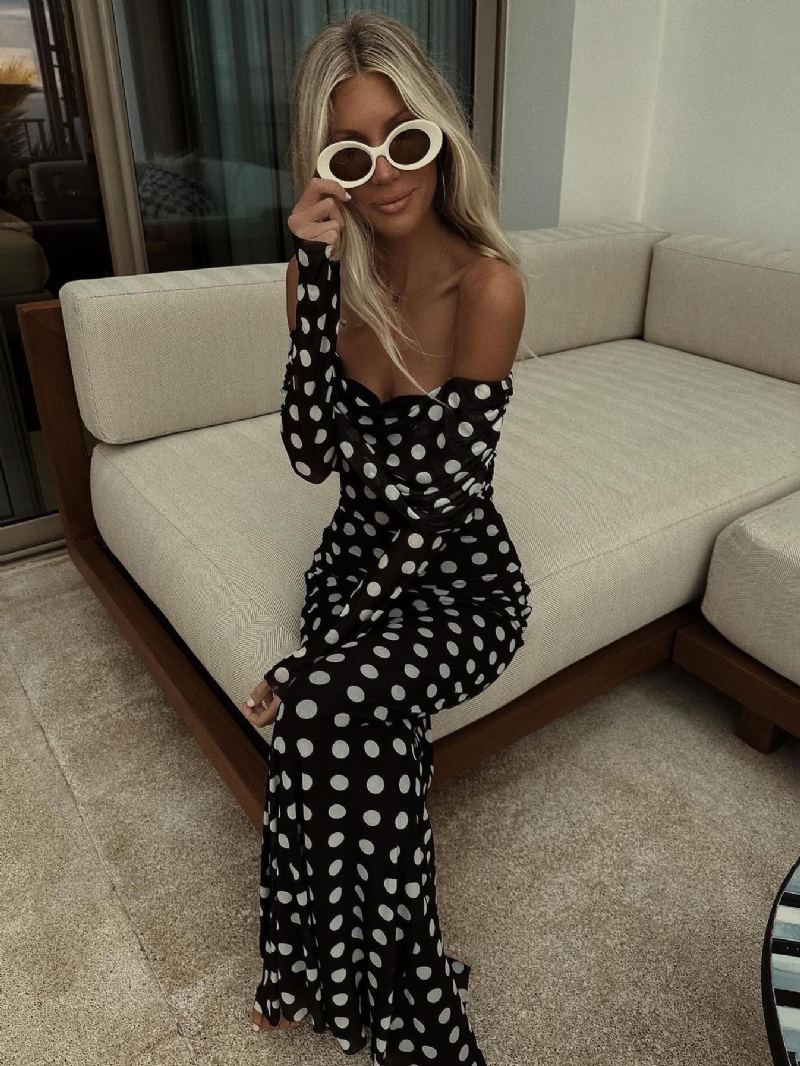 Polka Dot Lang Kjole Off-the-shoulder Lange Ermer Elegant Sommer Maxi For Kvinner - Svart