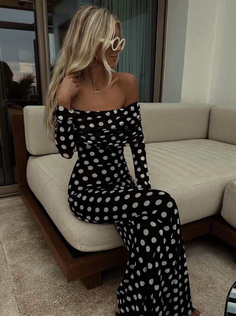 Polka Dot Lang Kjole Off-the-shoulder Lange Ermer Elegant Sommer Maxi For Kvinner - Svart