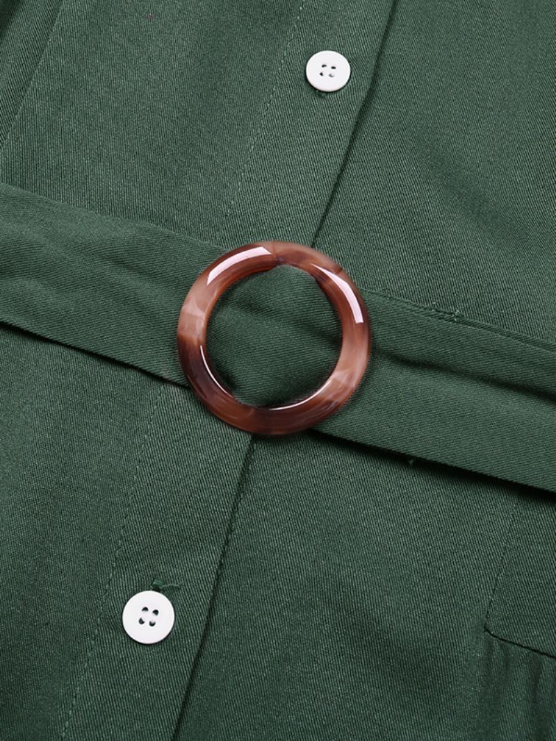 Dame Skjortekjole Kortermet Belted Ring Detaljer Knapper Sommer Midi Kjoler - Hunter Green