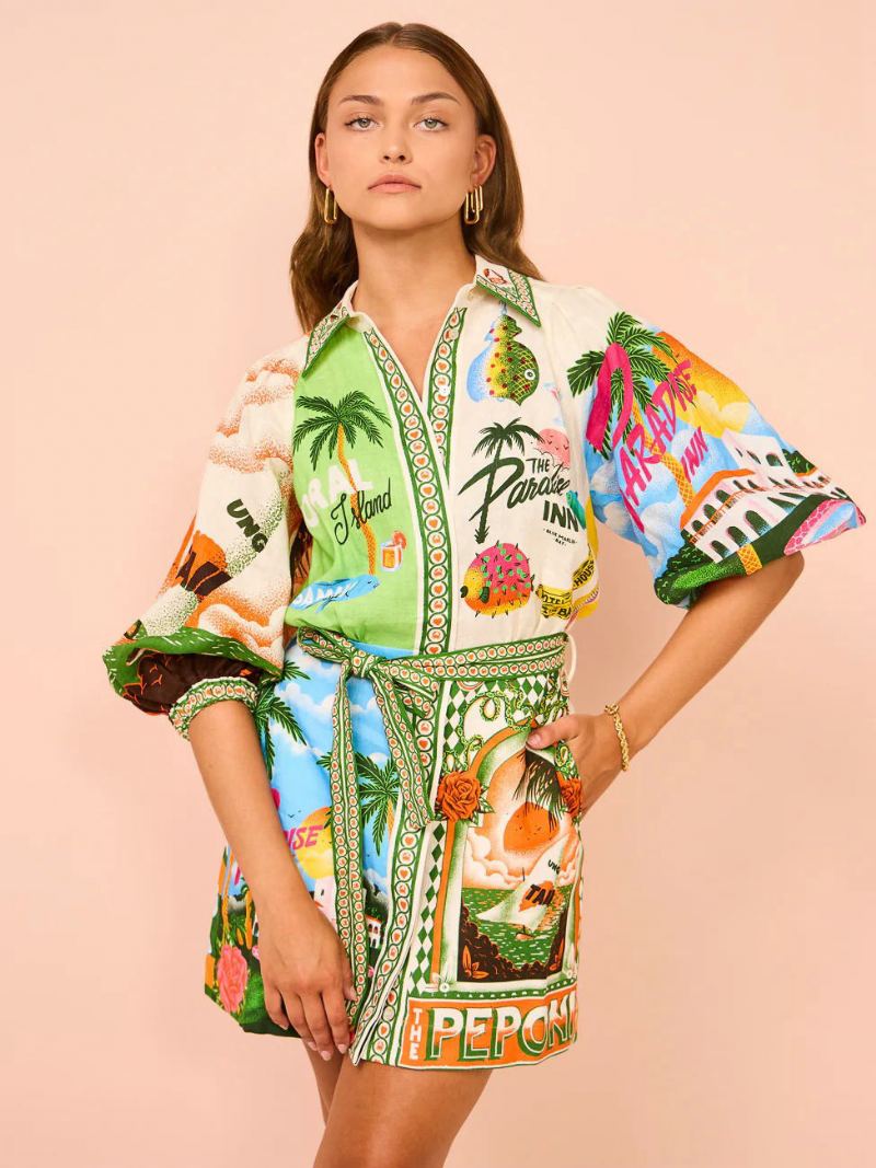 Dameskjortekjole Tropical Plants Printed Belted Resort Casual Short Dresses