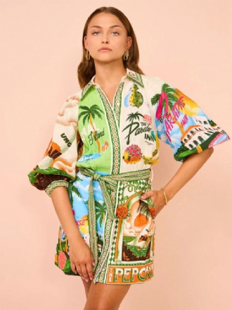 Dameskjortekjole Tropical Plants Printed Belted Resort Casual Short Dresses