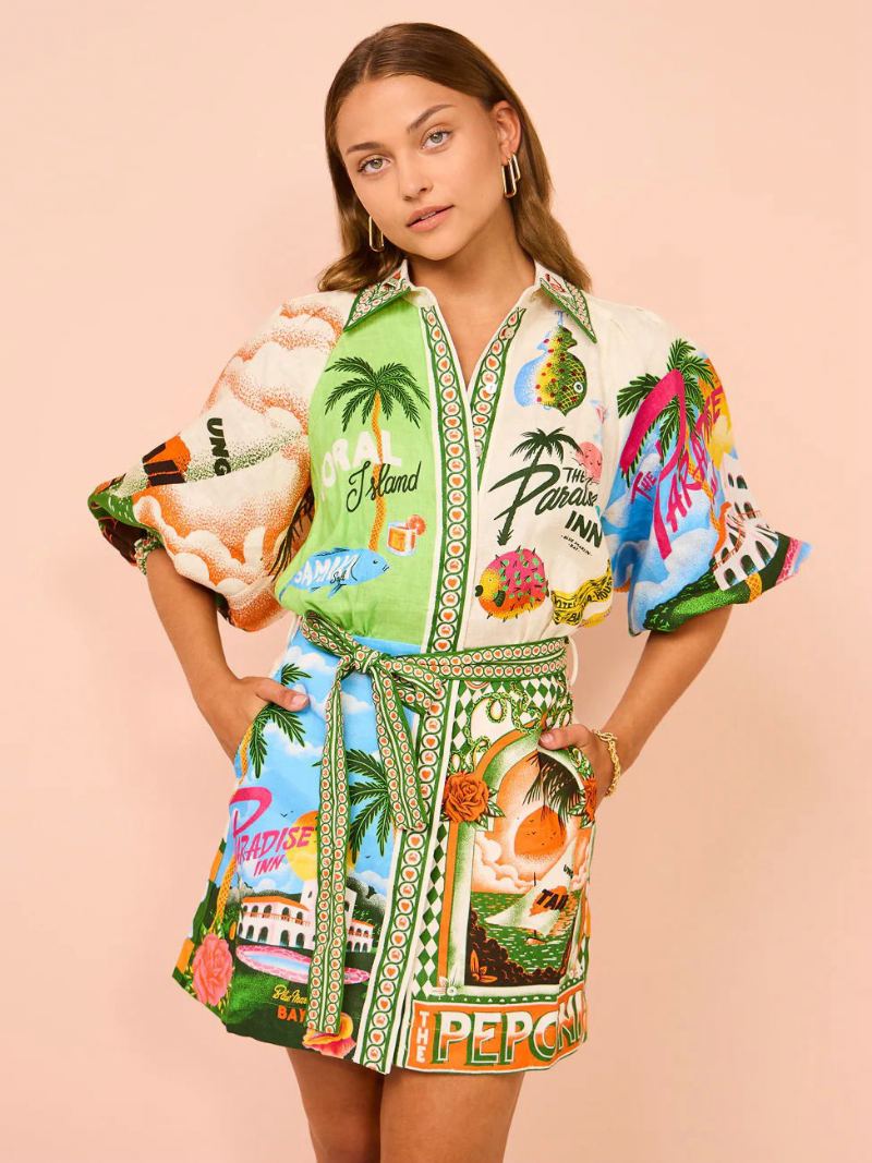 Dameskjortekjole Tropical Plants Printed Belted Resort Casual Short Dresses - Grønn