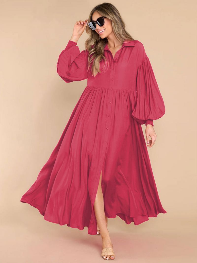 Maxikjole For Kvinner Hvit Turndown-krage Med Lange Ermer Oversized Skjortekjole - Rose