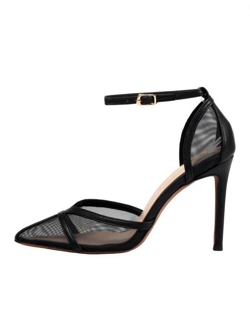 Dame Ankelstropp Stiletto Prom Heel Pumps I Gult Med Mesh - Svart