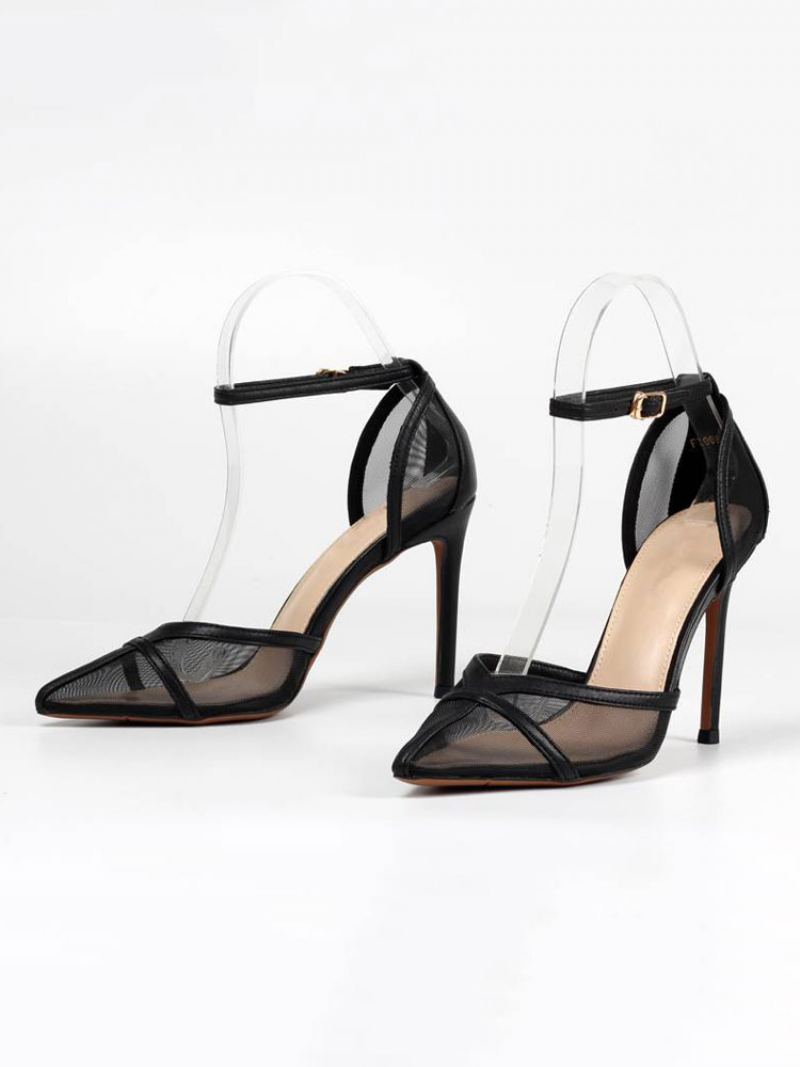 Dame Ankelstropp Stiletto Prom Heel Pumps I Gult Med Mesh - Svart