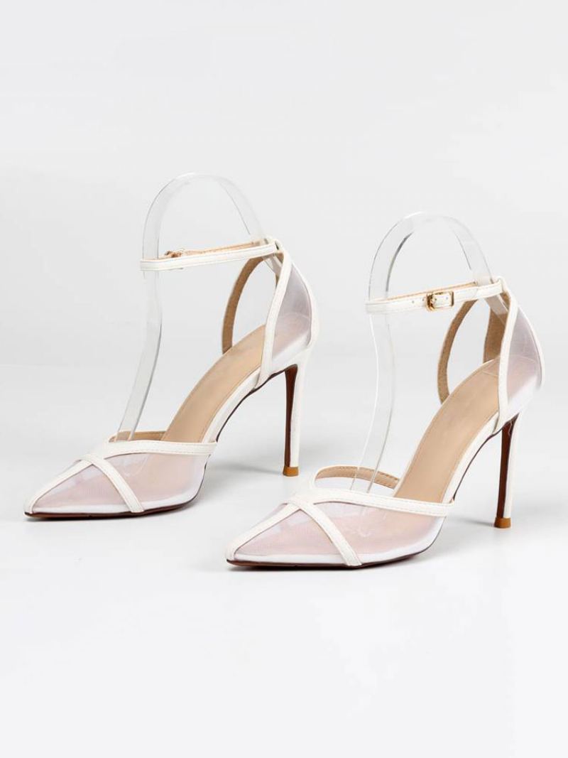 Dame Ankelstropp Stiletto Prom Heel Pumps I Gult Med Mesh - Hvit