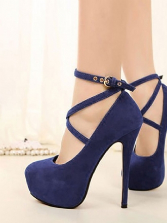 Dame Blue Plattformsko Pumps Semsket Skinn Rund Tå Criss Cross Strap Stiletthæler