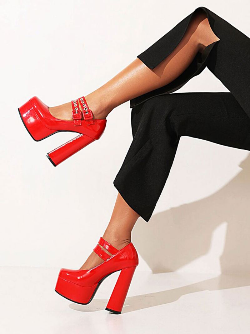 Dame Doble Spenner Mary Jane Plattformsko Chunky Heel Pumps - Rød