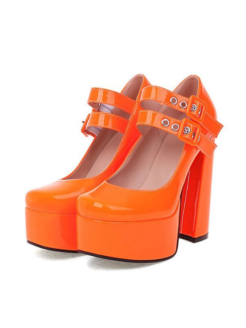 Dame Doble Spenner Mary Jane Plattformsko Chunky Heel Pumps - Oransje Rød